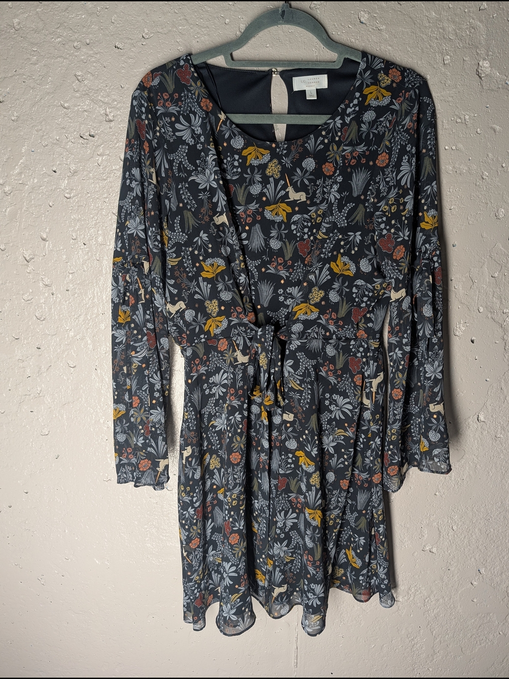 LC Lauren Conrad Charcoal Floral Long-Sleeve Tie-Waist Dress